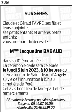 BABAUD Jacqueline, Rachel, Jeanne Née BABAUD